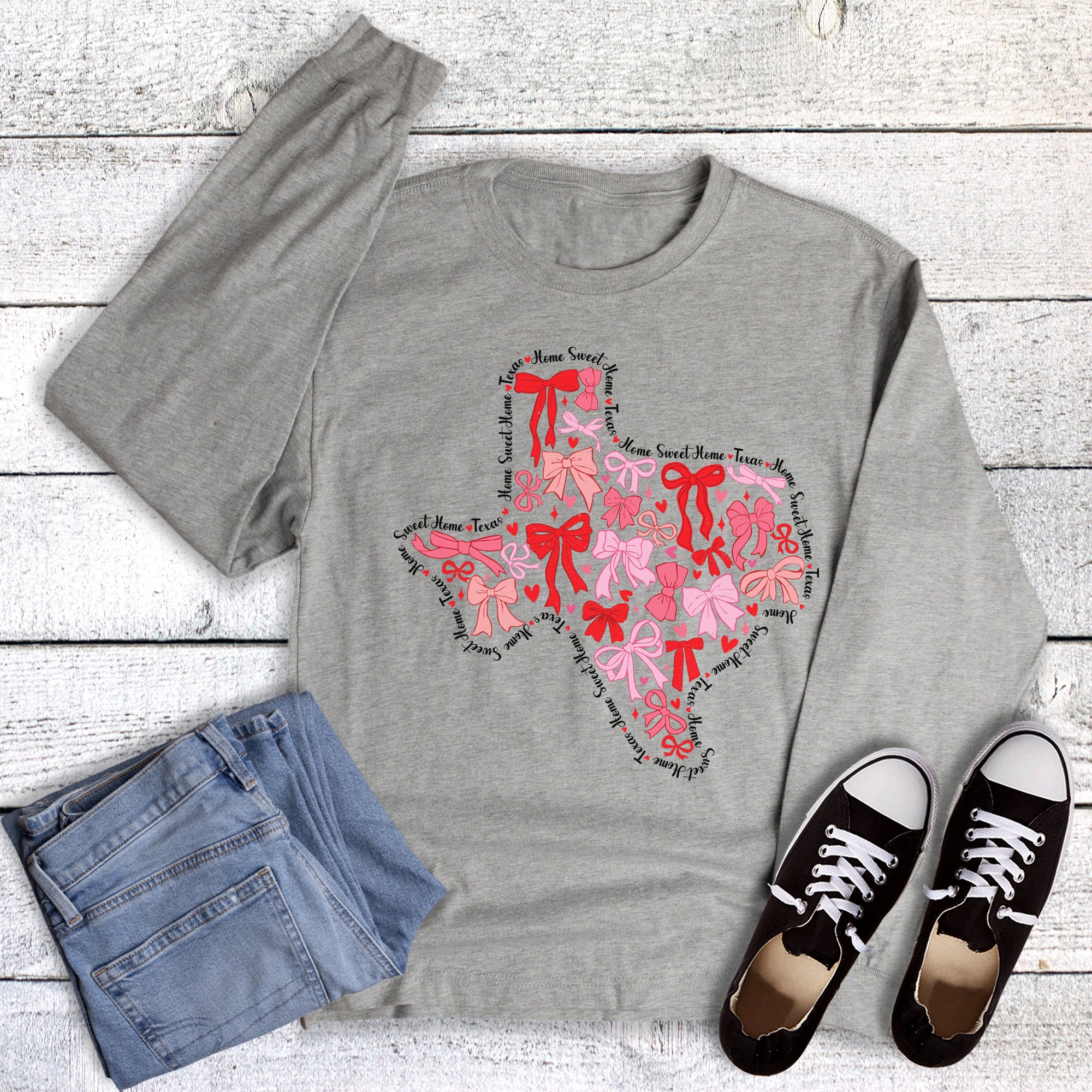 Valentines Coquette Bows Home Sweet Home Texas Long Sleeve