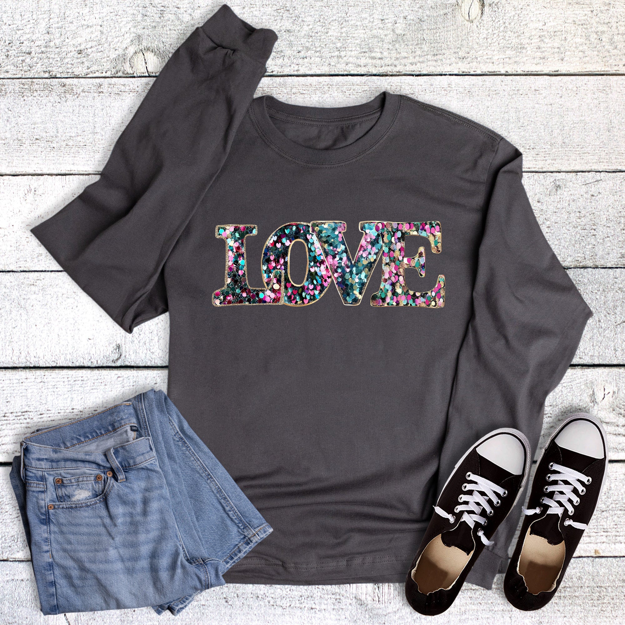 Valentines Faux Sequin Love Long Sleeve