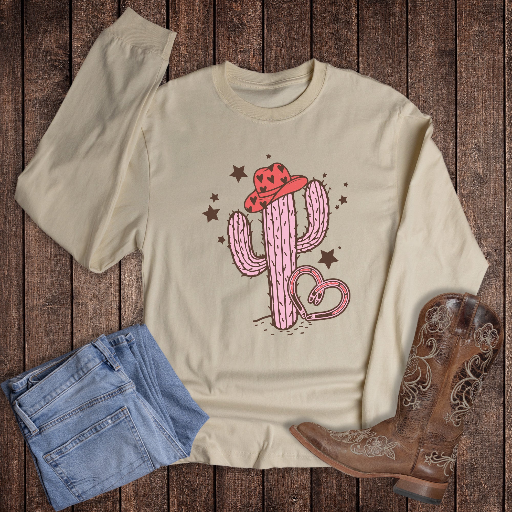 Valentines Western Cactus and Horseshoe Long Sleeve