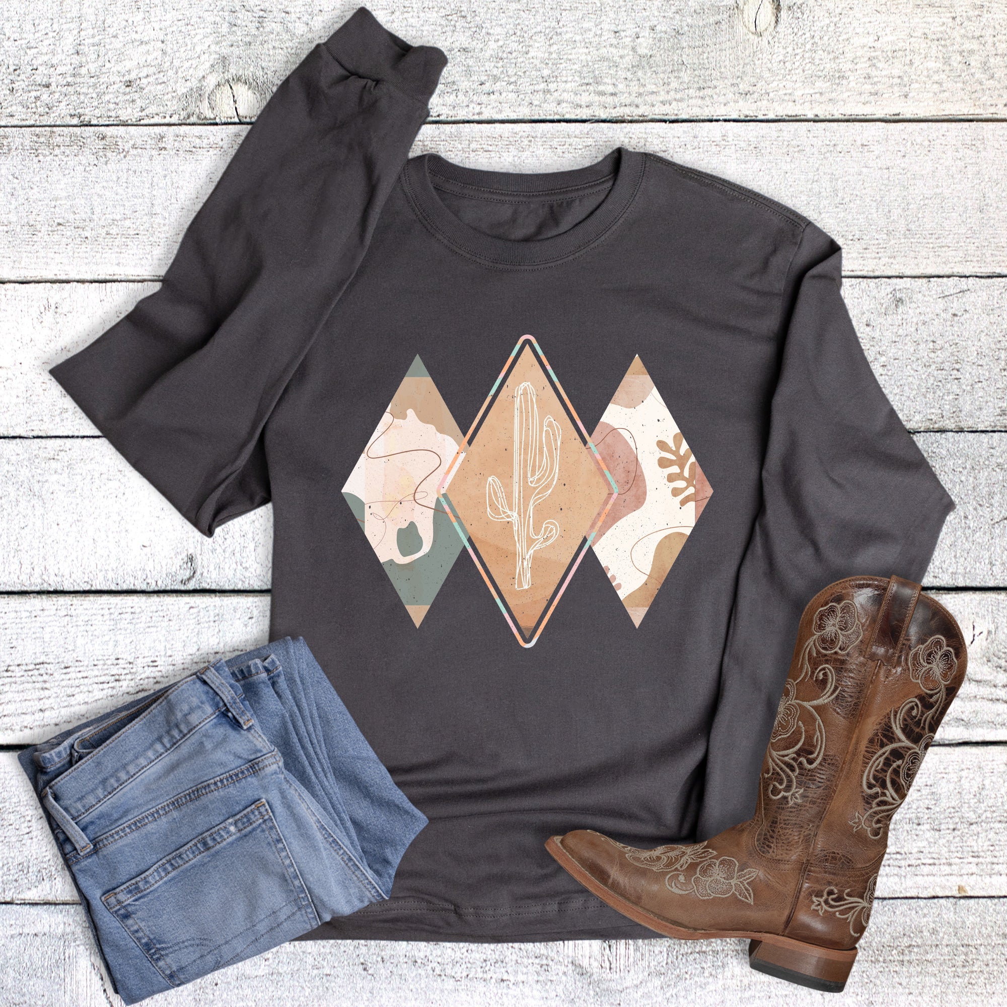 Western Boho Cactus Cowhide Long Sleeve