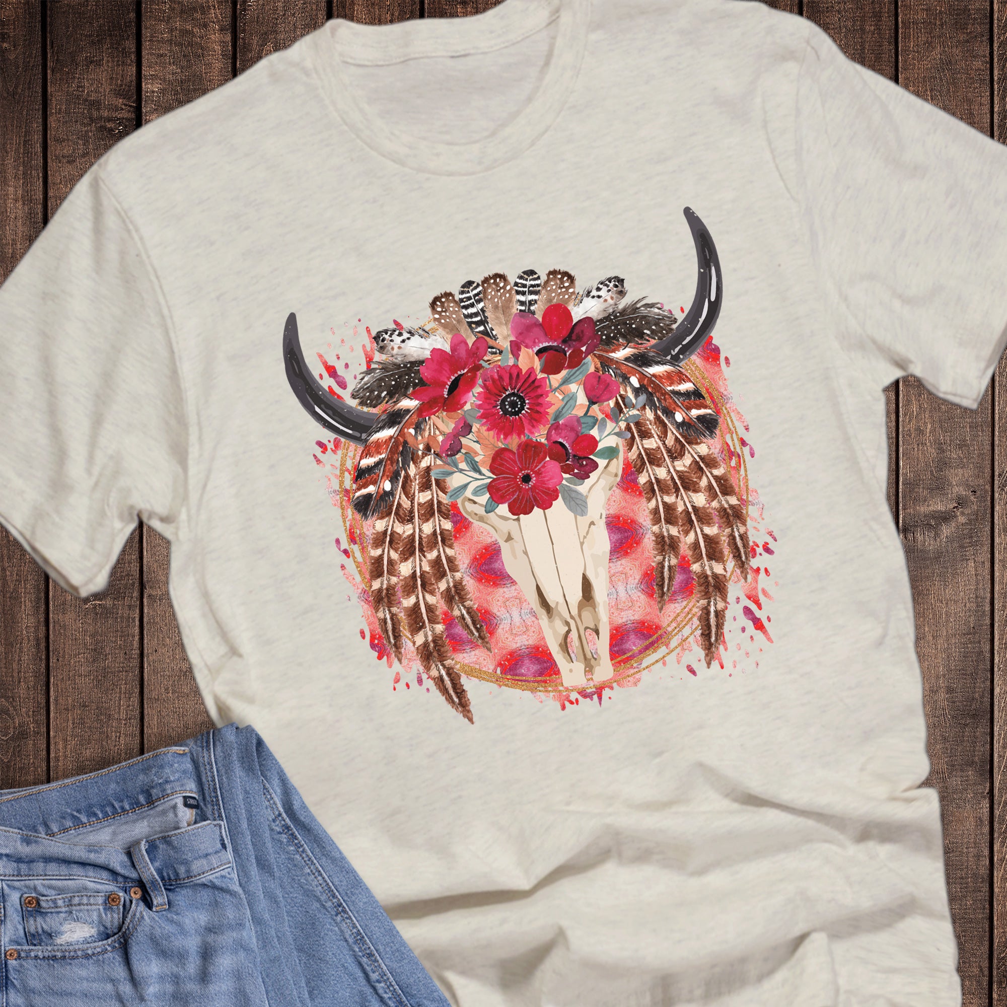 Western Boho Floral Cow Skull with Feathers