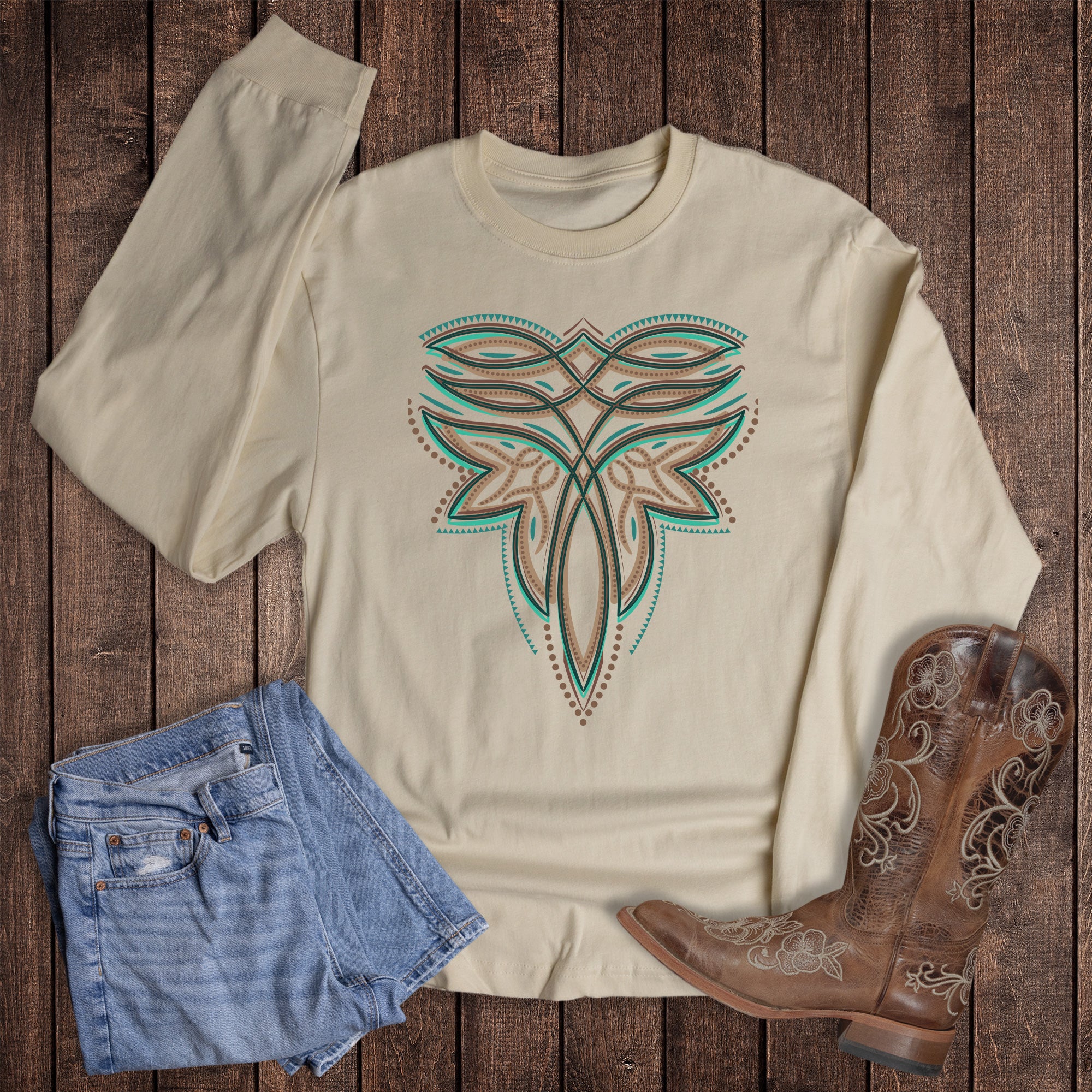 Western Boot Stitch Turquoise Long Sleeve