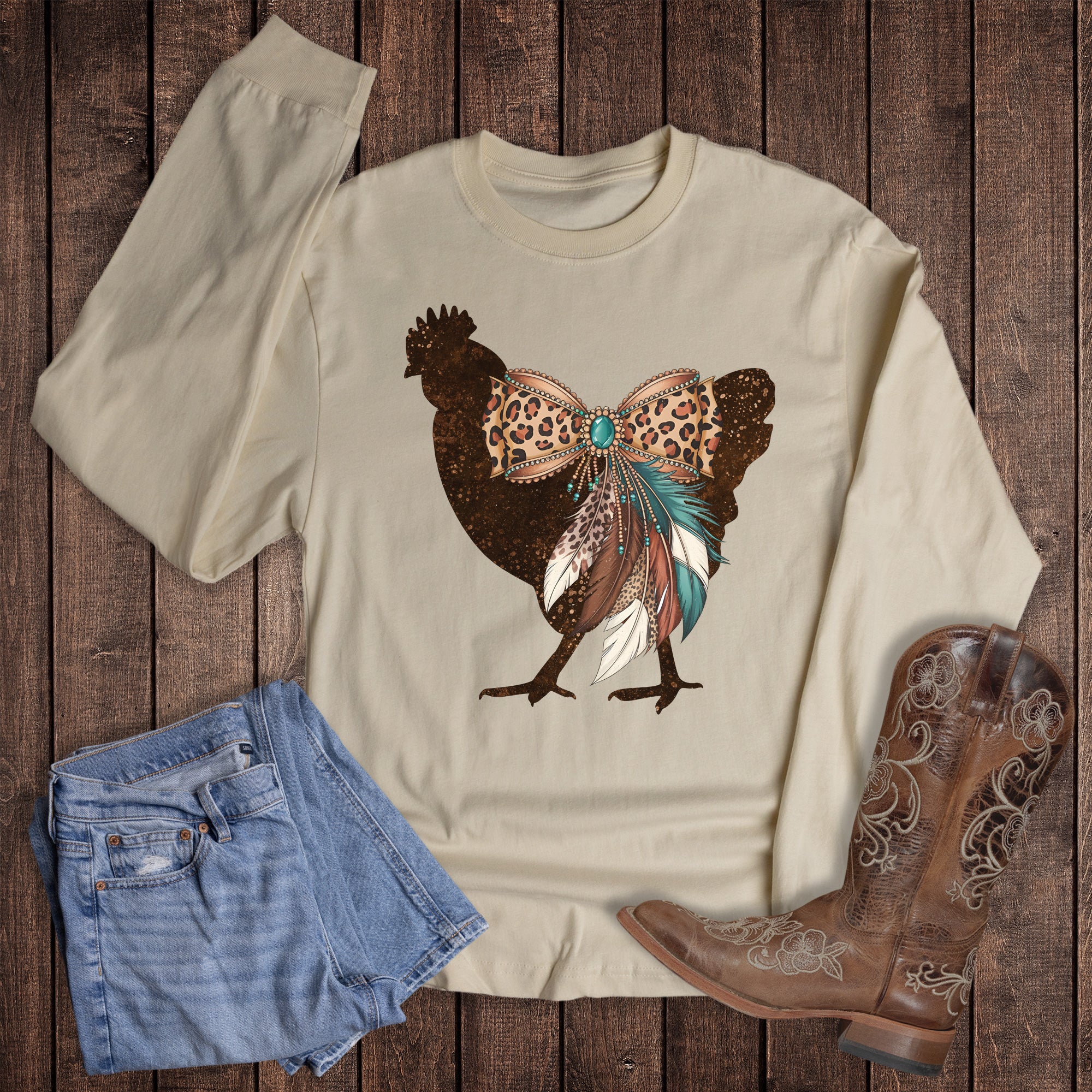 Western Chicken with Leopard Bow and Feathers Long Sleeve