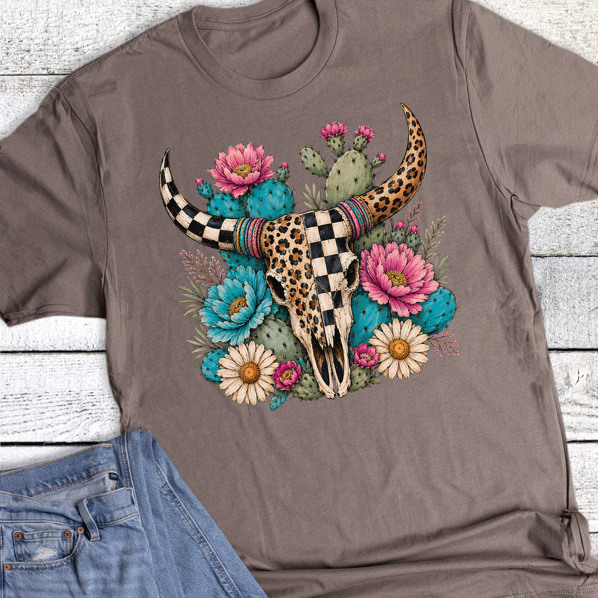 Western Cow Skull Floral Cacti