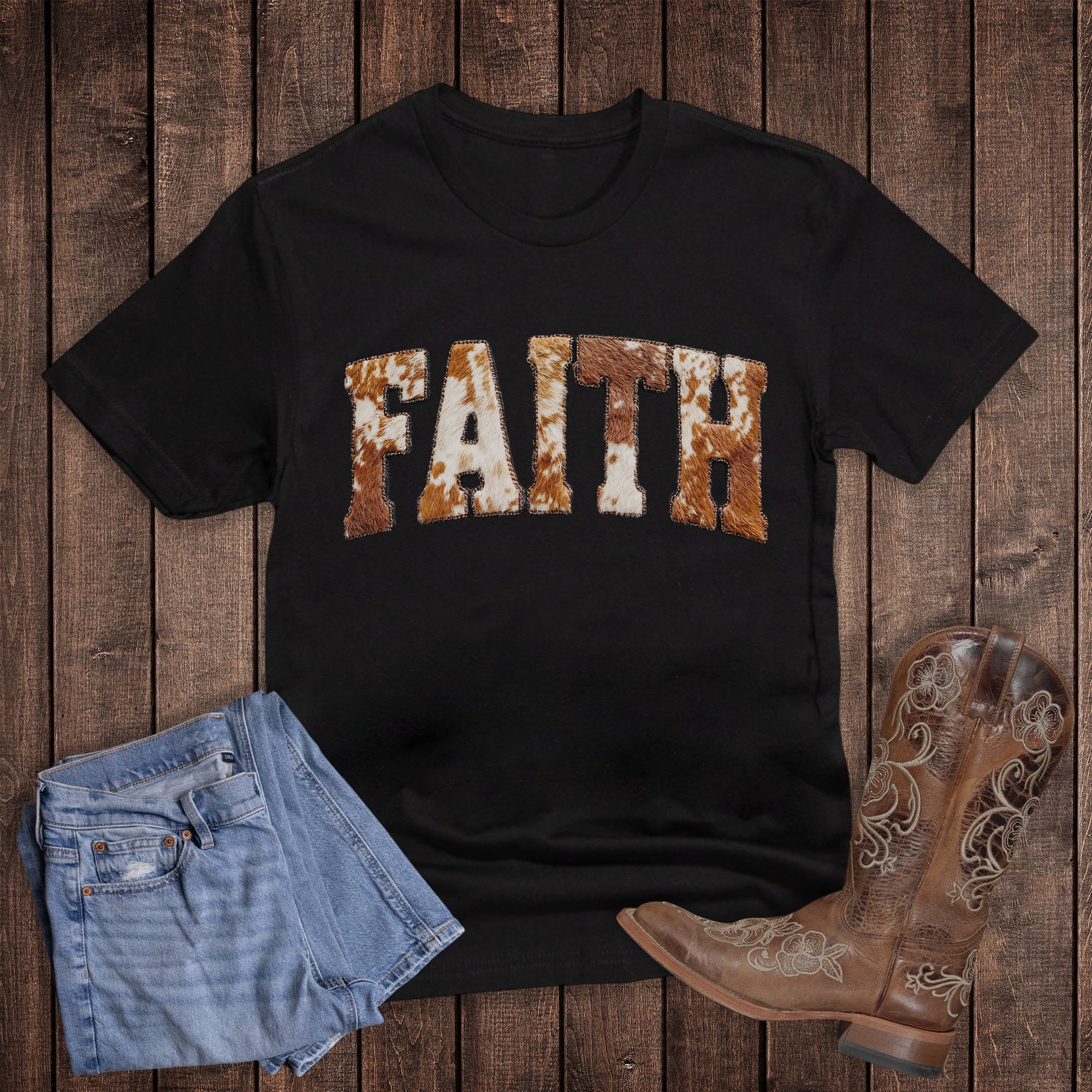 Western Faith Cow Print Graphic Tee