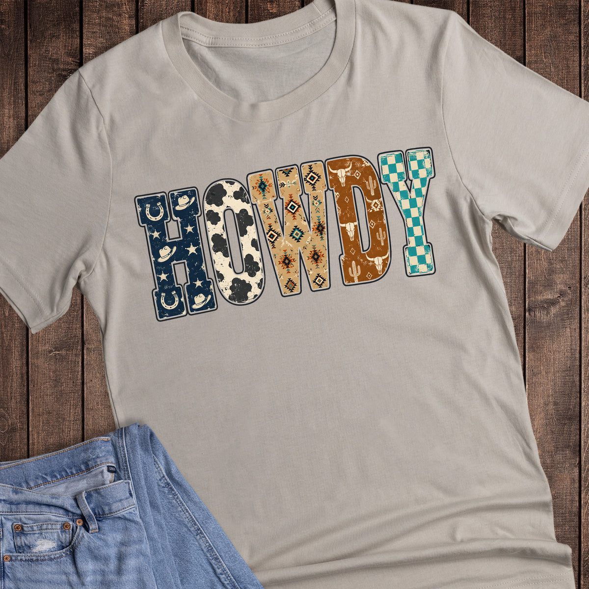 Western Howdy Cow Print Check Longhorns