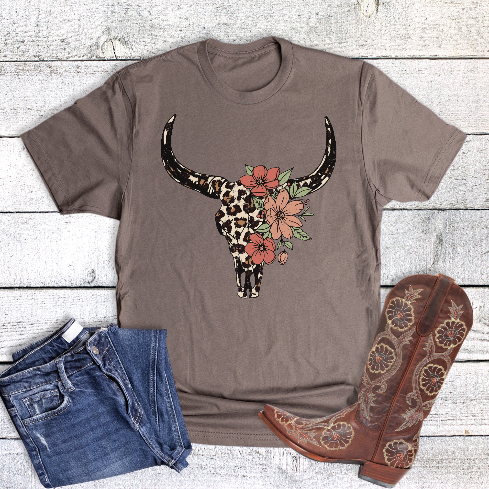 Western Leopard Floral Cow Skull