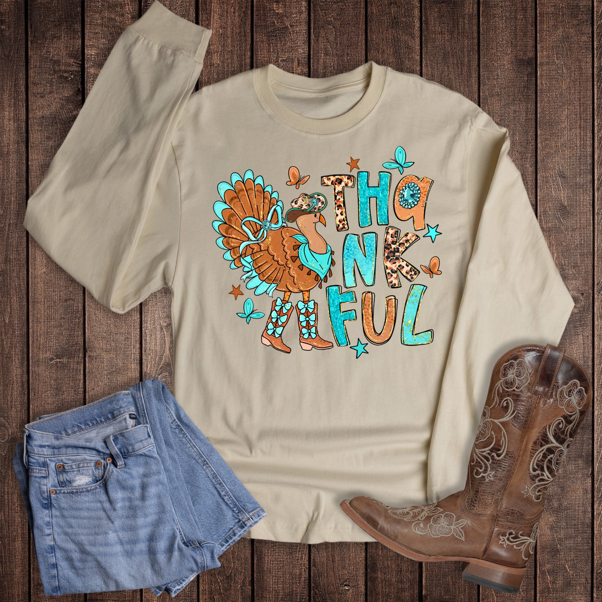 Western Thanksgiving Turkey in Boots Thankful Long Sleeve