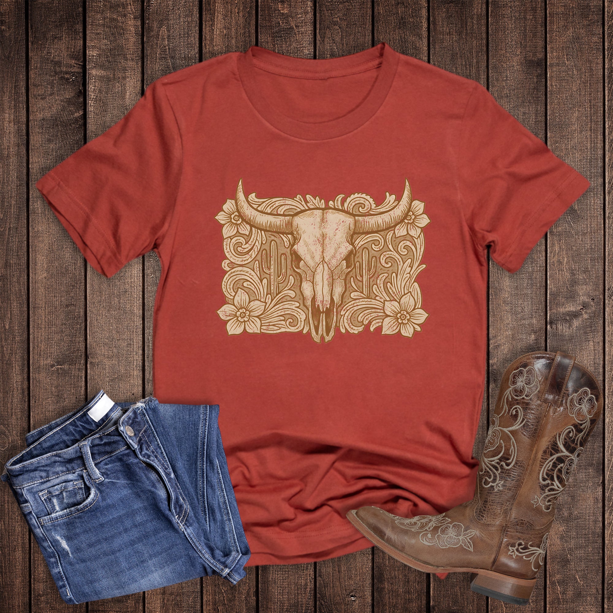 Western Tooled Cactus Cow Skull
