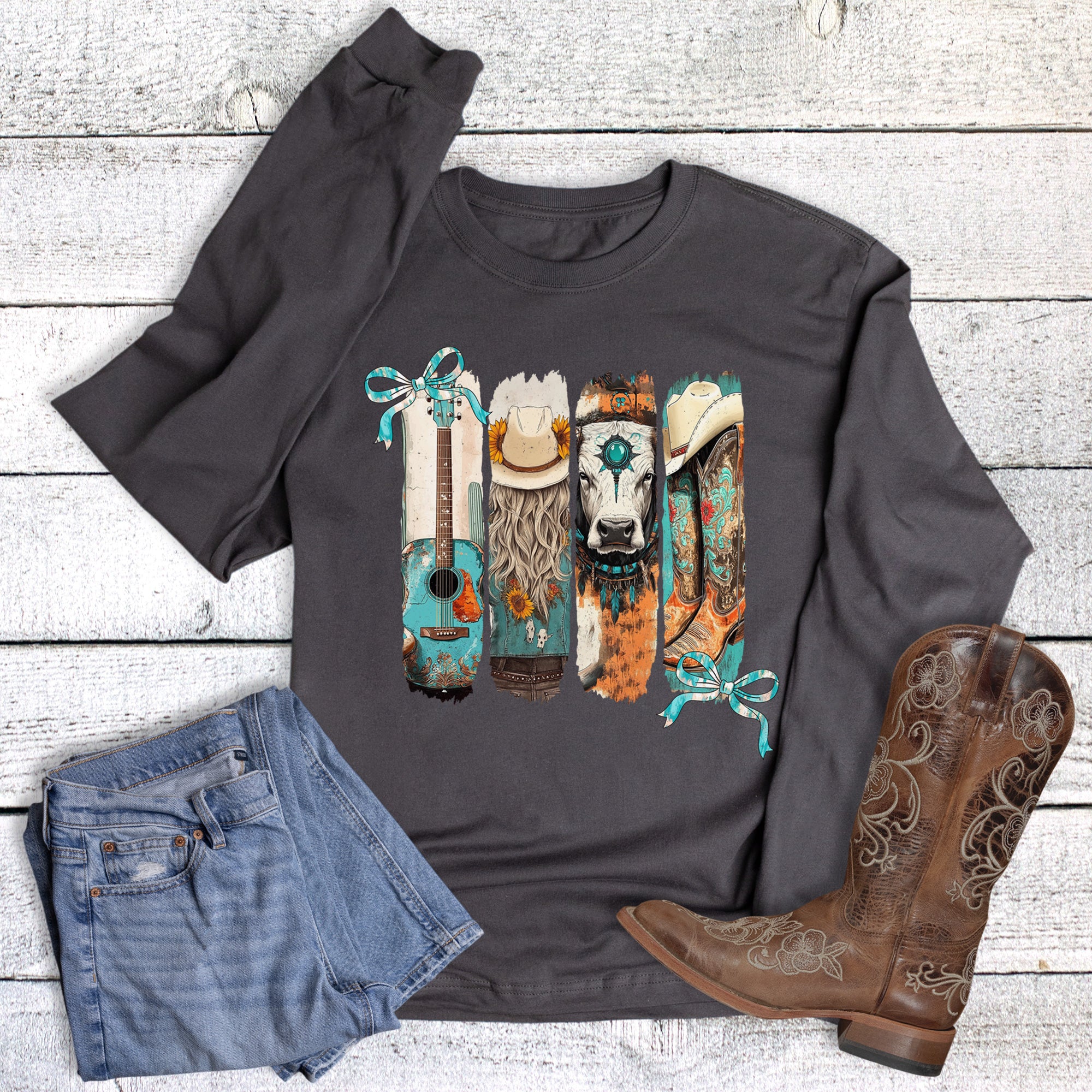 Western Turquoise Brushstrokes Long Sleeve