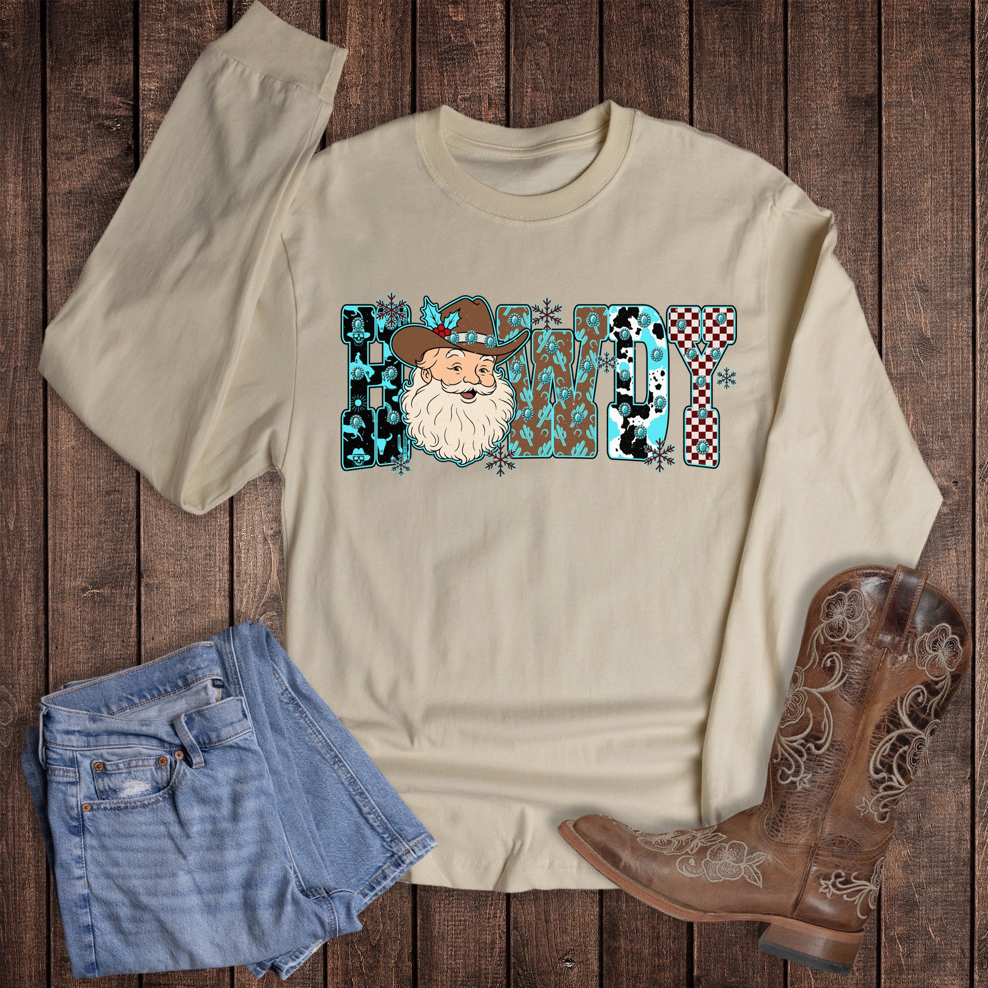 Western Turquoise Howdy Santa Long Sleeve