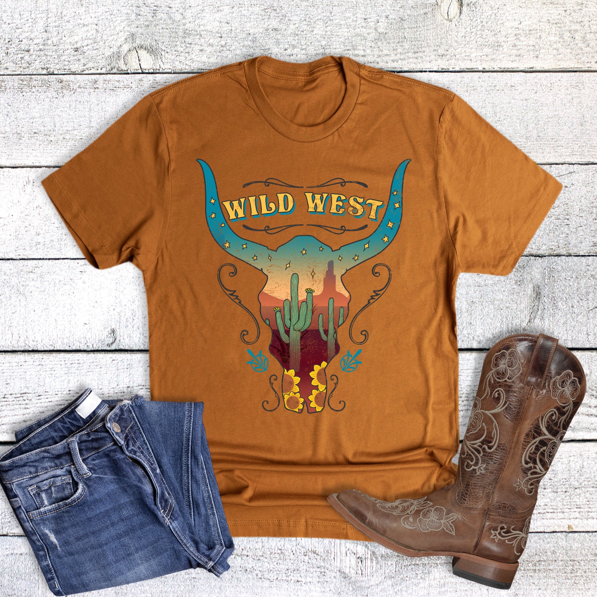 Western Wild West Cactus Sunflower Cow Skull